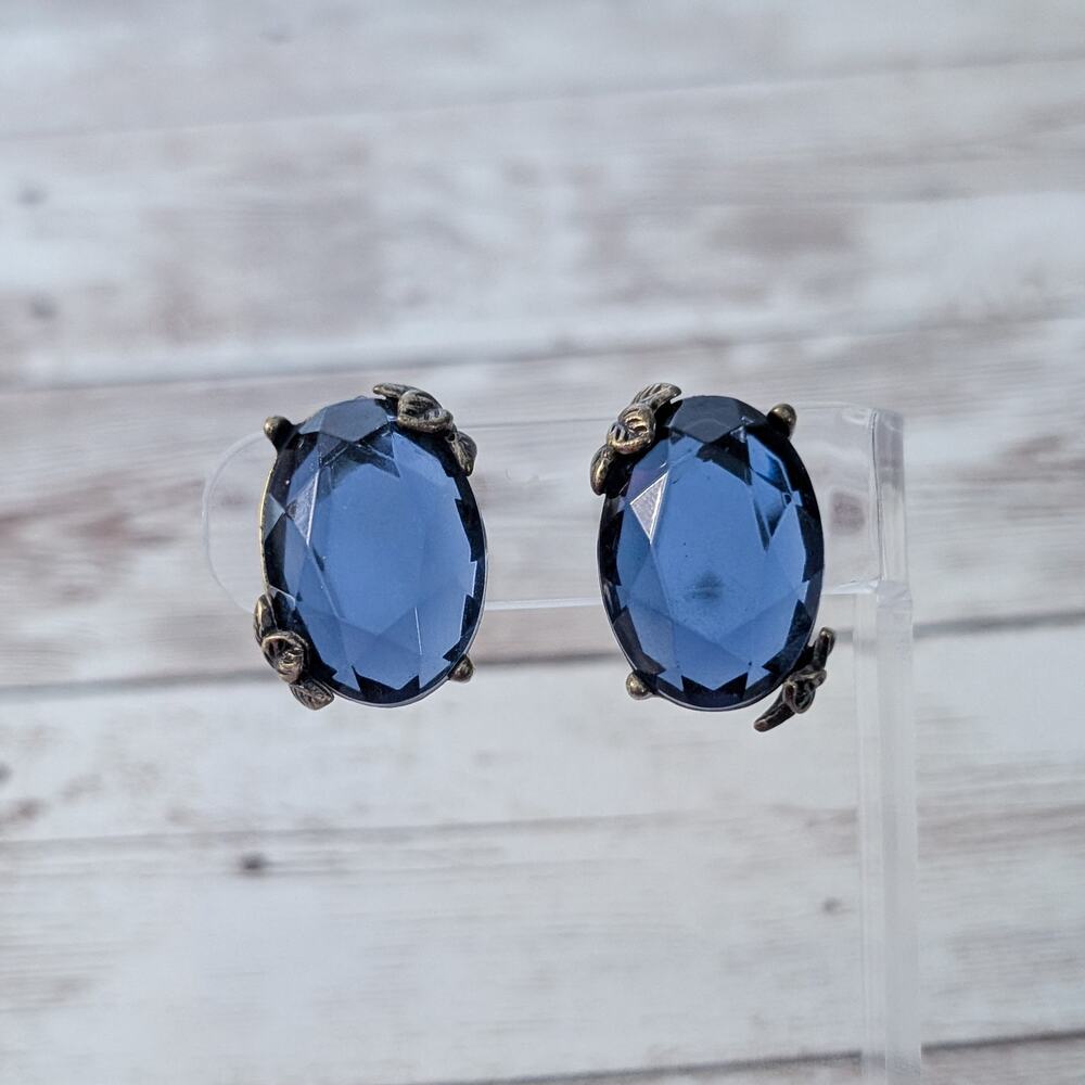 Vintage Clip On Earrings Large Blue Gem with Leaf Detail